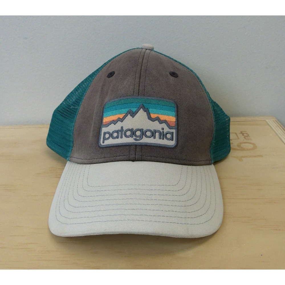 Patagonia Trucker Hat Cap P-6 Logo Snapback Mesh Cap Brown Teal Beige